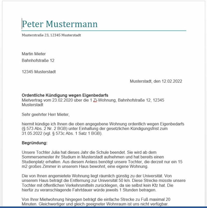 Das beste I I ᐅ Muster Ordentliche Kündigung wegen Eigenbedarfs 2023